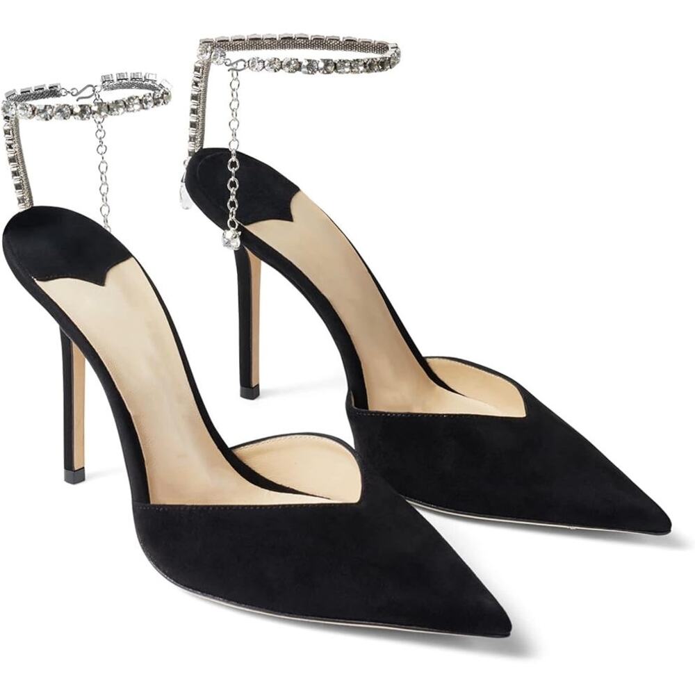 Elegant Black Heels with Rhinestone Ankle Strap